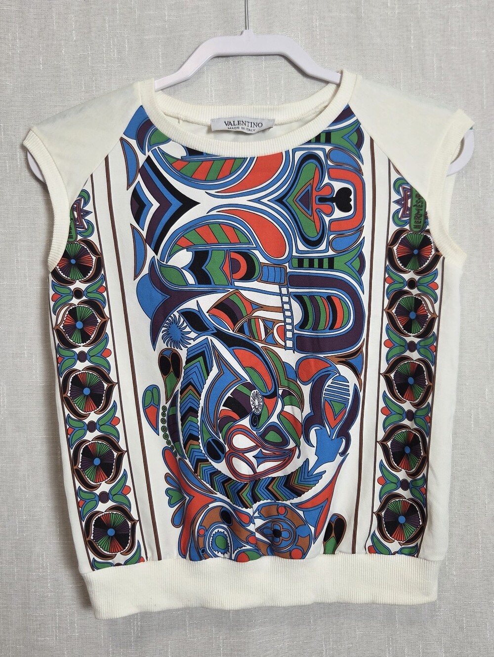 Valentino Printed Sleeveless Top with Multicolor Geometric Pattern - White